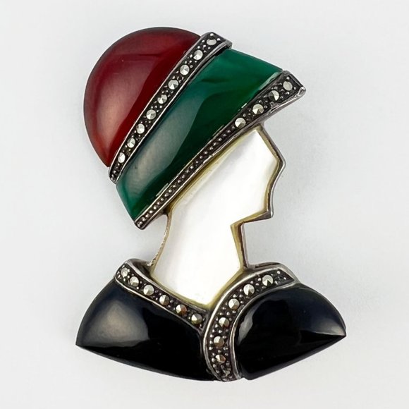 Vintage Art Deco Style Flapper Woman Sterling Silver Marcasite Gem Brooch Pin - Picture 1 of 4